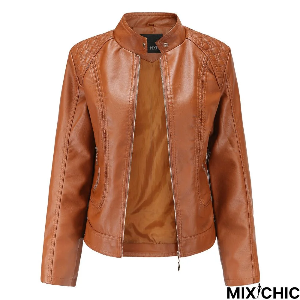 Women's Leather Jacket Long Sleeve Temperament Plus Size Collar Coat