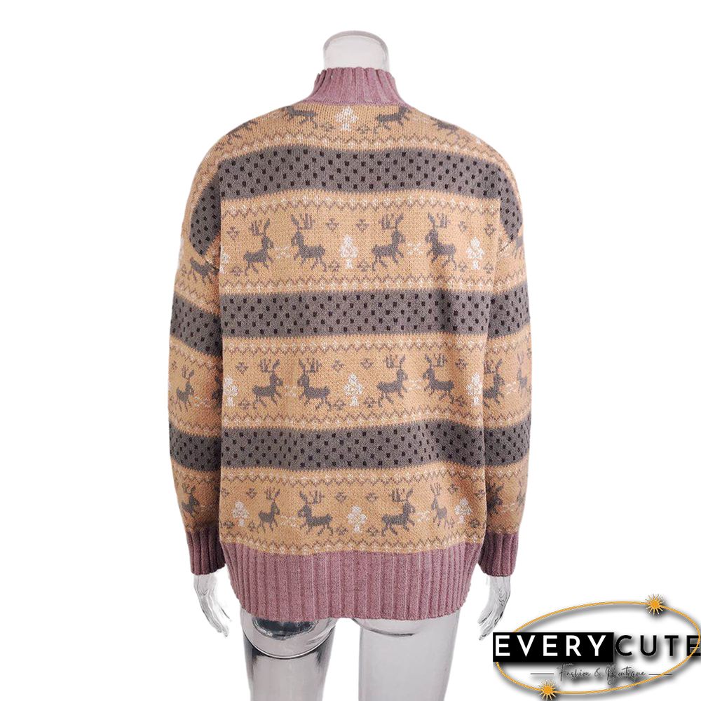 Yellow Christmas Reindeer Print Knit Pullover Sweater