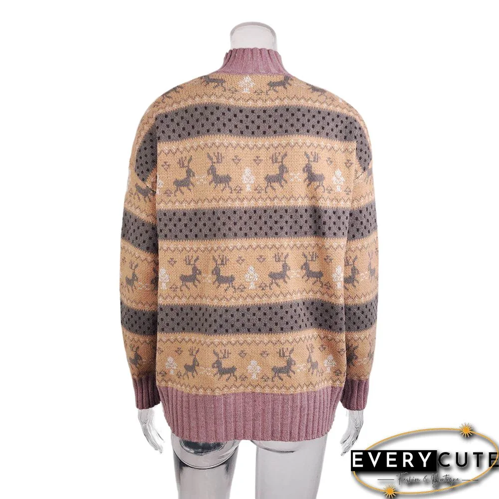 Yellow Christmas Reindeer Print Knit Pullover Sweater