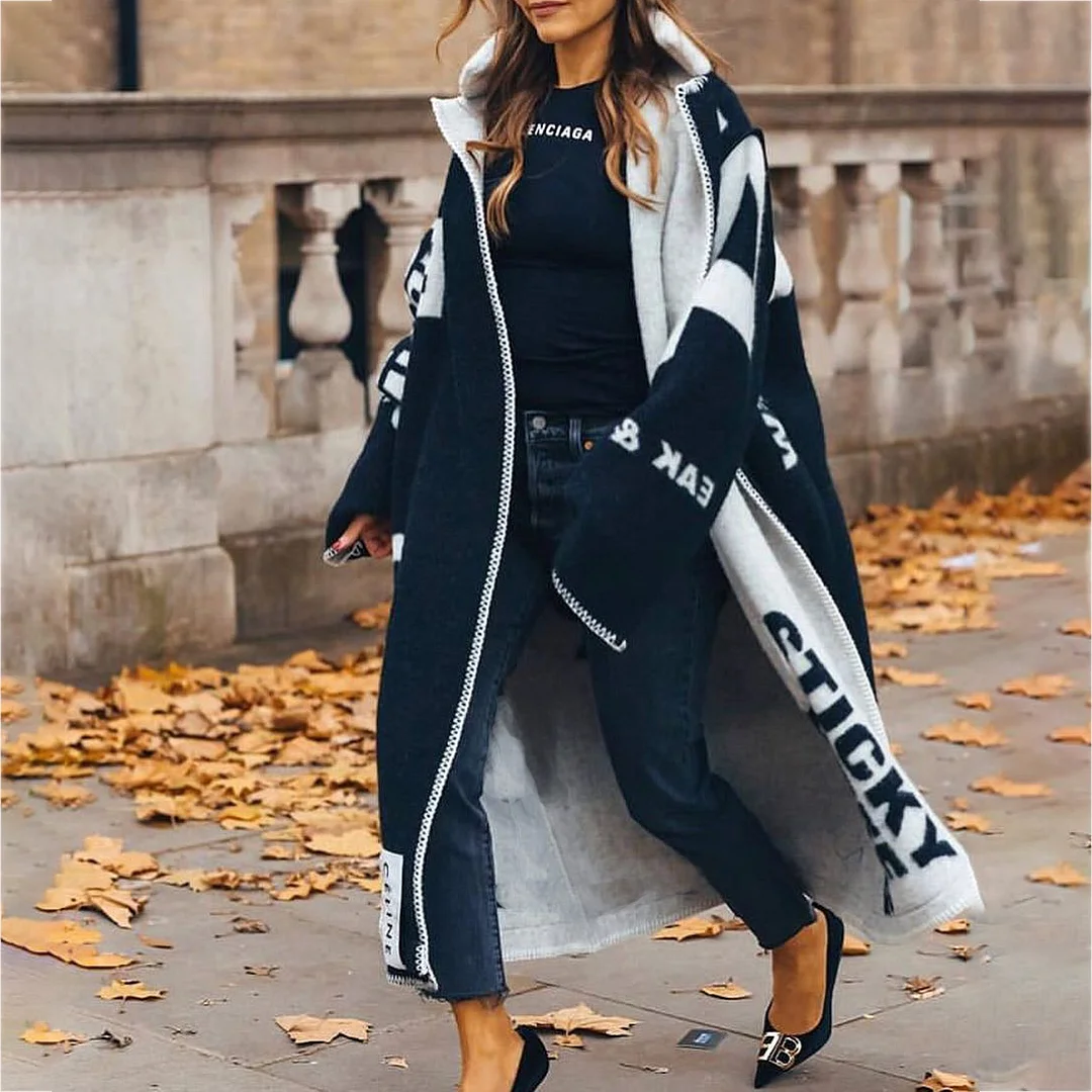 Simple And Fashionable Lapel Letter Printed Midi Coat