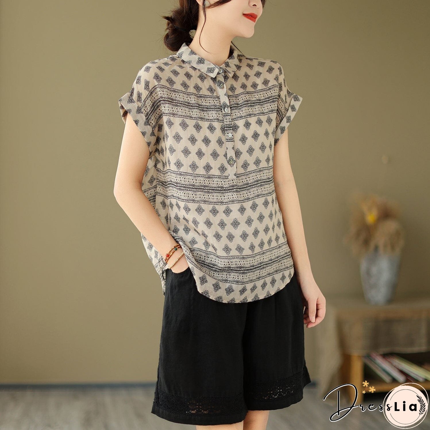 Women Summer Retro Print Linen Minimalist Tops