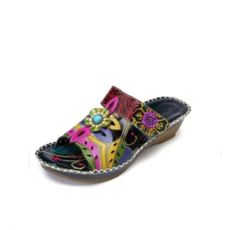 Women Retro Color Contrast Ethnic Style Flower Hollow Wedge Sandals