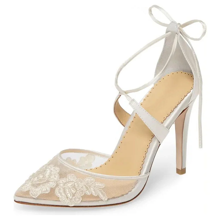 Custom Made White Closed Toe Lace Wedding Heels |FSJ Shoes