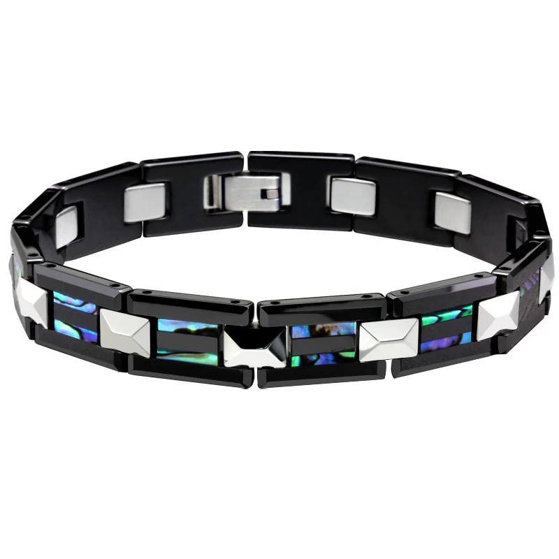 Women's Or Men's Unisex Personalised Tungsten Carbide 205mm Long Hologram Energy Bracelet with Natural Shell Inlay Fashion Link Chain Jewelry Gifts For Mens And Womens