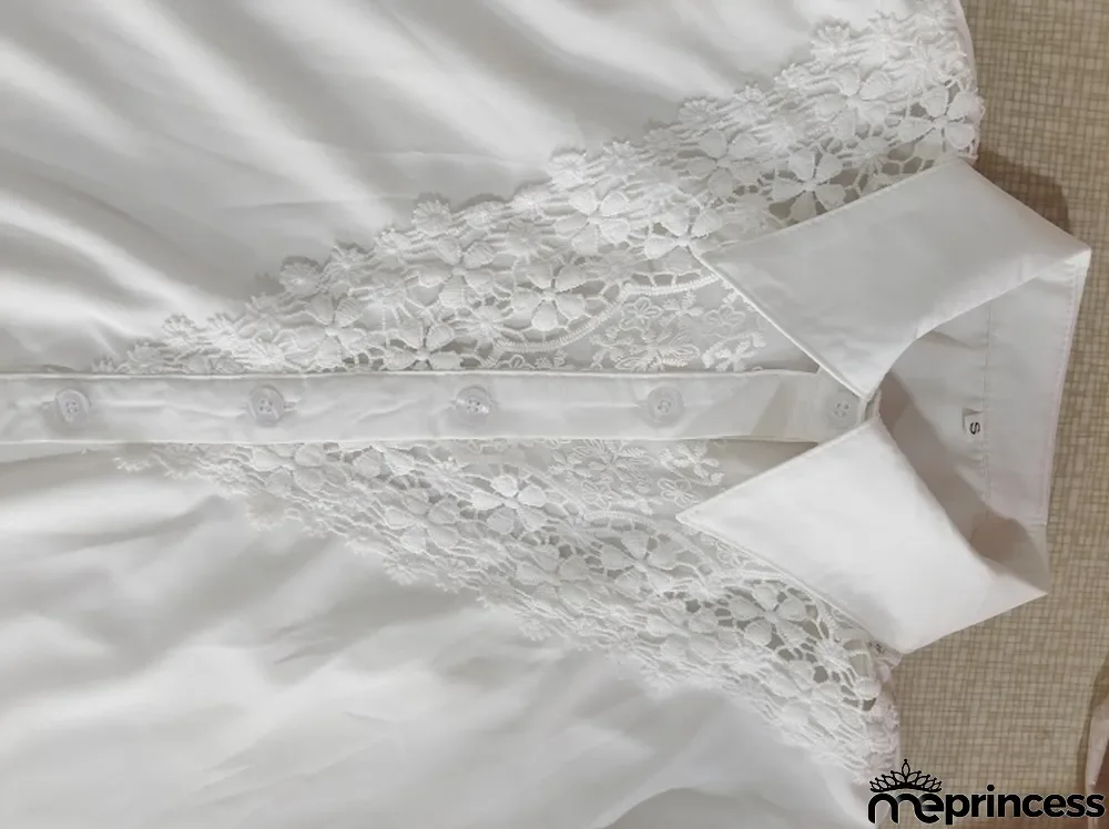 Fall White Mesh Patch Button Up Long Sleeve Formal Blouse