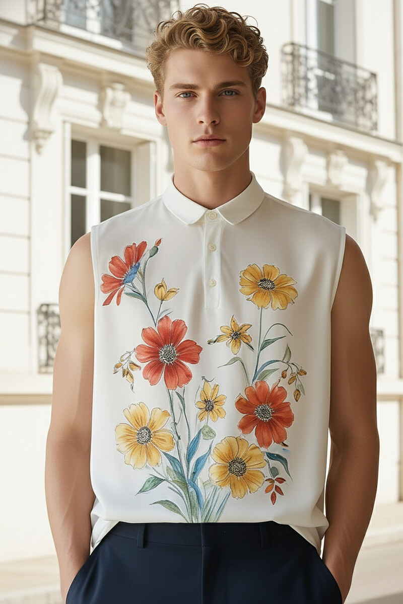 Ciciful Men's Floral Print Quarter Button Up Vacation Sleeveless Shirt