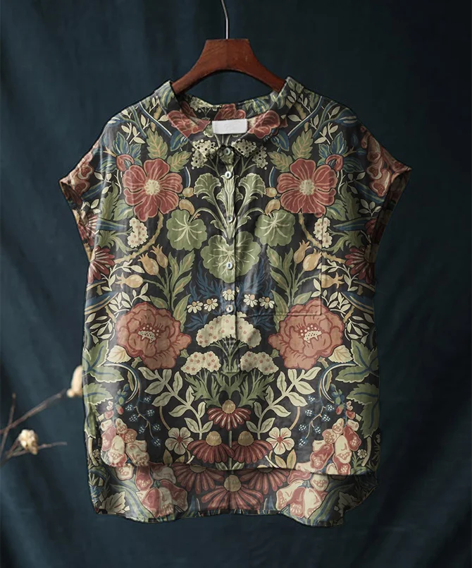 Vintage Floral Print Short-sleeved Cotton and Linen Shirt