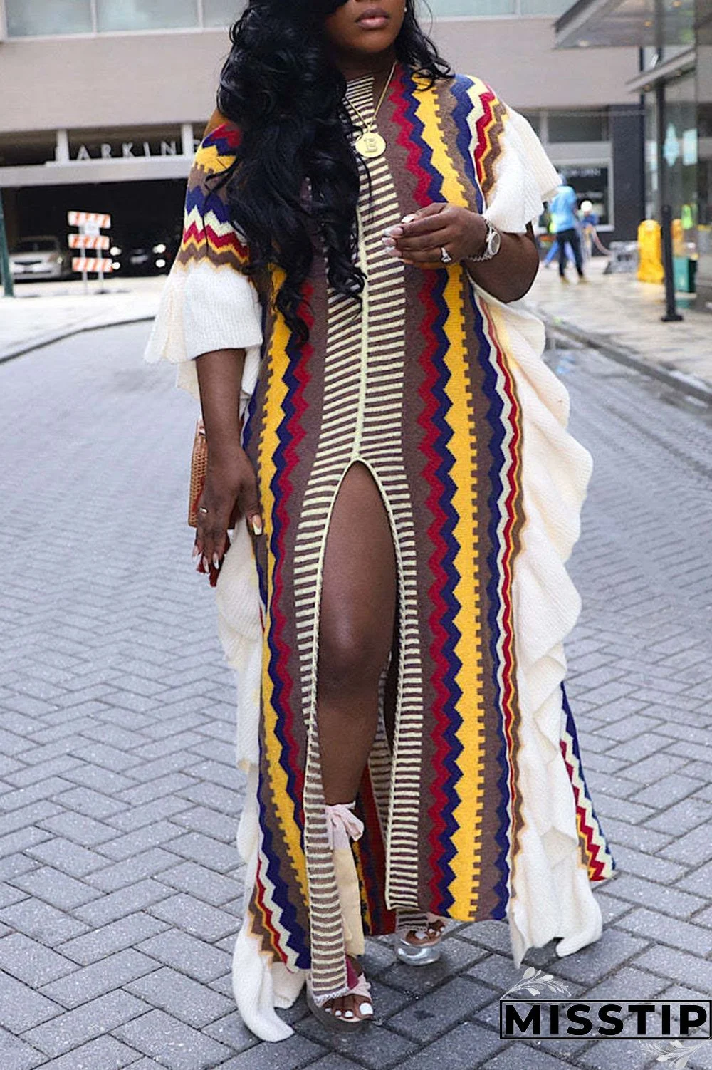 Brown Casual Print Patchwork Flounce Slit O Neck Straight Dresses