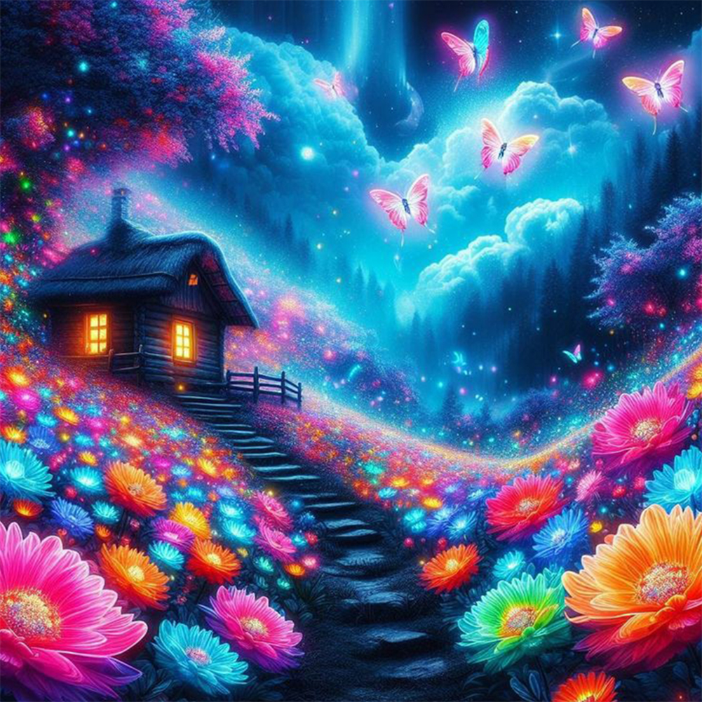 Butterfly House At Night 30*30cm(canvas) full round drill diamond painting