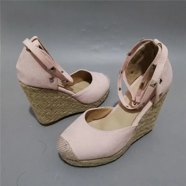 Meotina Summer High Heels Women Sandals Rivets Espadrille Platform Wedges Heel Ankle Strap Shoes Bohemia Sandals Big Size 34-43