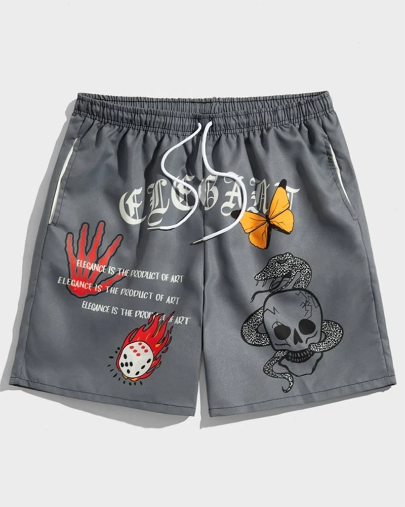 Men's Plus Size Skull & Butterfly Print Workout Track Shorts