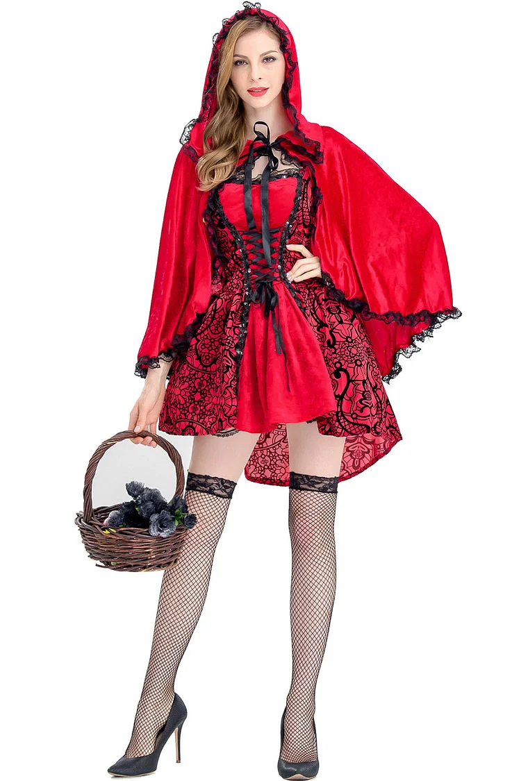 Gothic Red Halloween Little Red Riding Hood Lace Up Jacquard Velvet Sequin With Cloak Two Pieces Dress Set