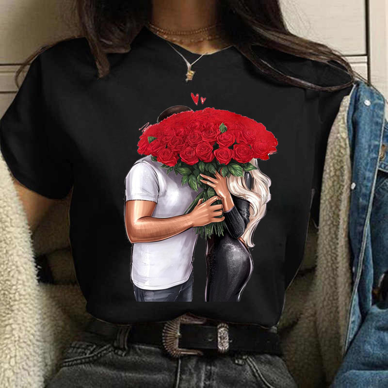 Couple Print Fashion Top Women's Round Neck Casual T-Shirt