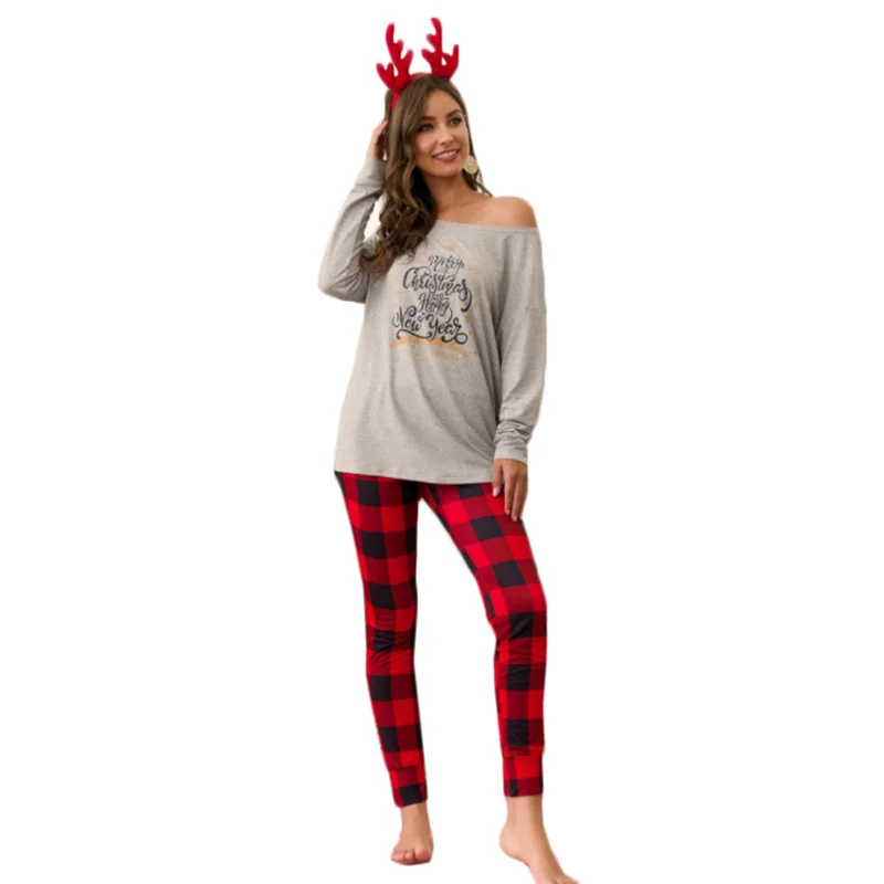 Gray Merry Christmas Top With Red Plaid Pant Set