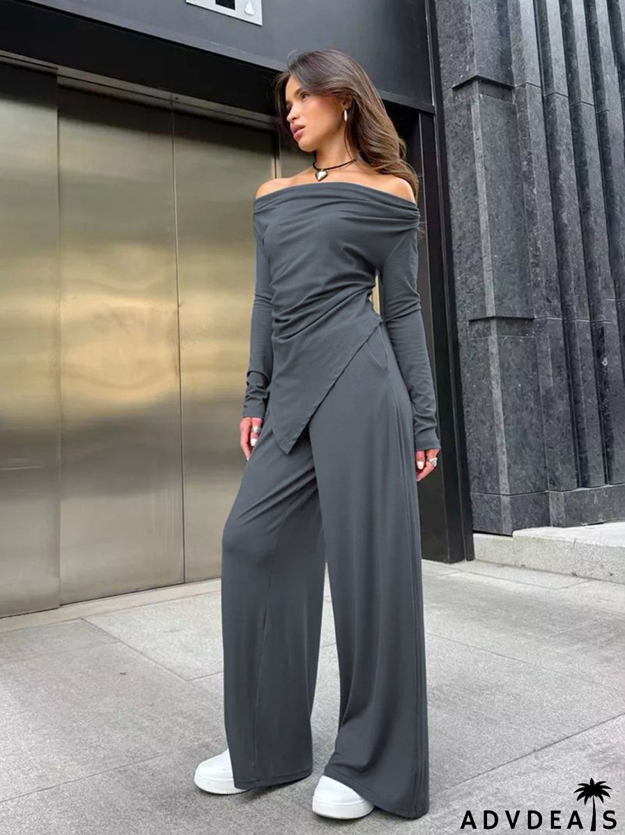Autumn And Winter Grey Knitting Fashion Off Shoulder Long Sleeve Top High Waist Wide Leg Pants Casual Two Piece Set