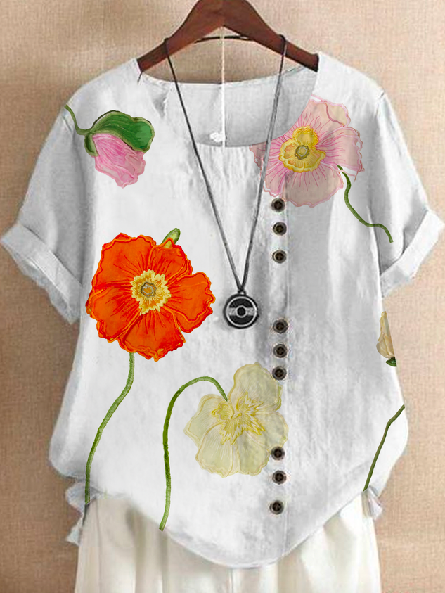 Women's Shirt T shirt Tee Floral Daily Vacation Going out Print Button Short Sleeve Streetwear Crewneck Regular Fit Summer Spring