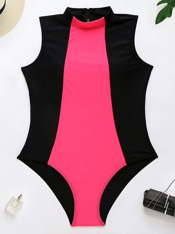 Sleeveless Color-Block Tight Zipper One-Piece Swimwear