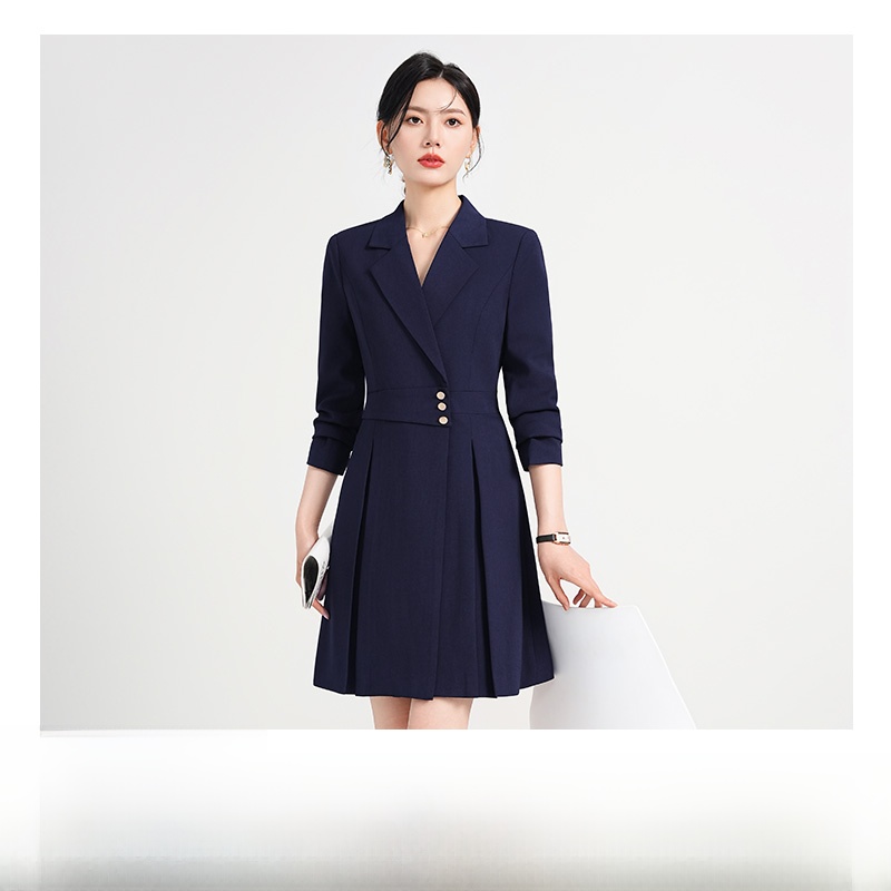 Elegant Hostess Suit Dress Women's Apricot Business Formal Gown Fashionable Waist-Cinched Suit Skirt Long Sleeve V-Neck A-Lin...