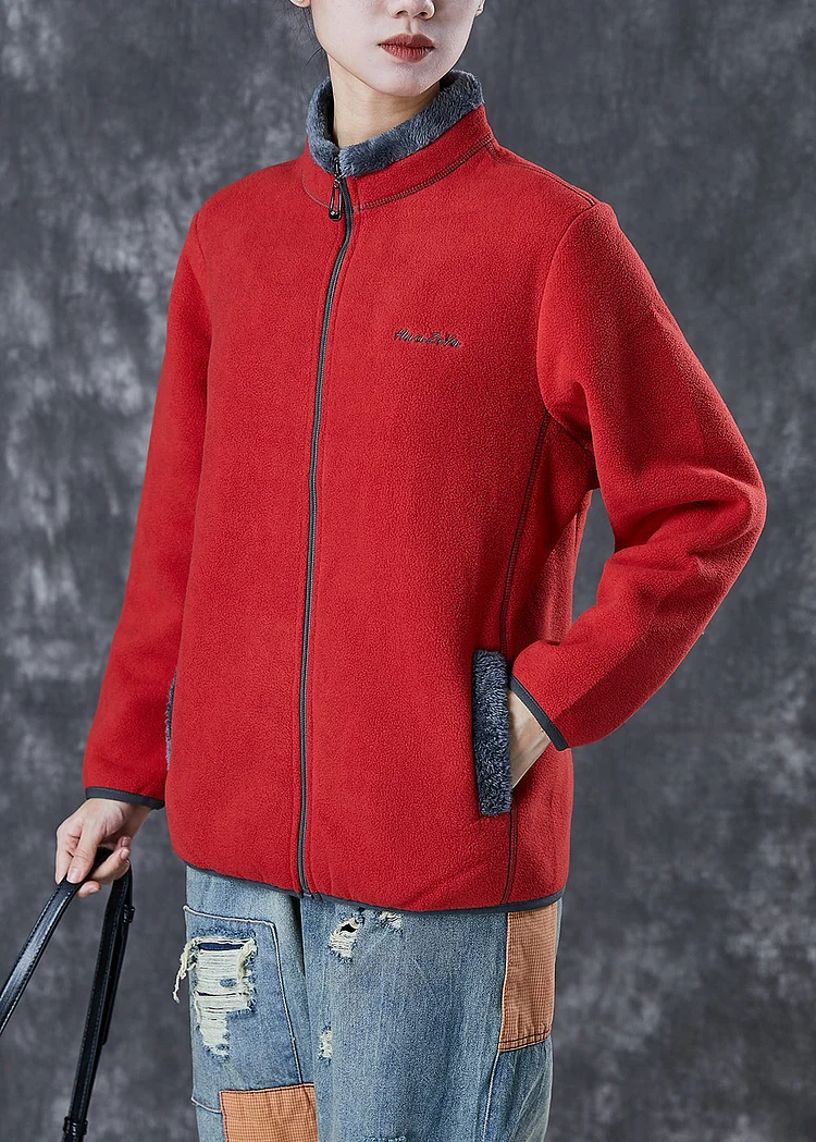 Simple Red Embroideried Warm Fleece Coat Winter