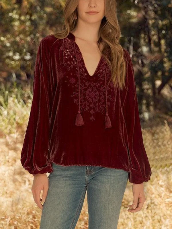 Low-Cut V Neck Red Velvet Top