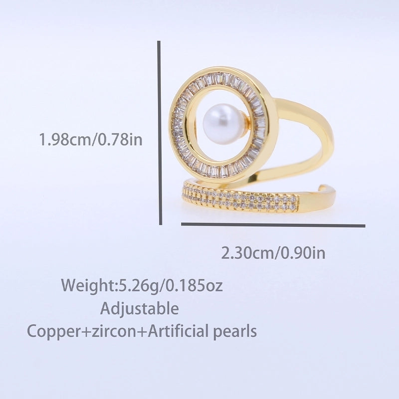 Copper 18K Gold Plated Inlay Round Artificial Pearls Pearl Zircon Open Rings