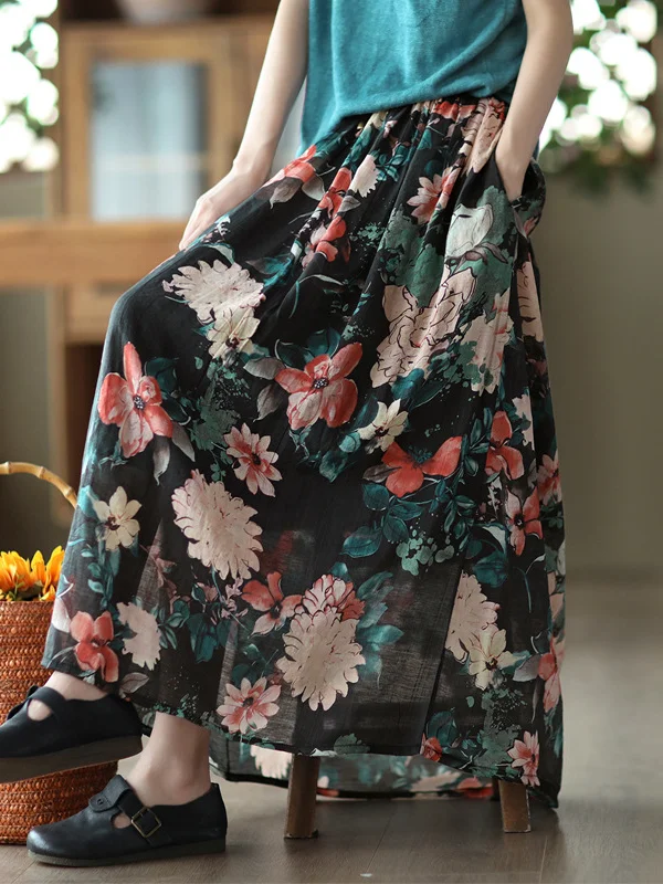 Vintage Artistic Retro Floral Stamped Roomy Skirt