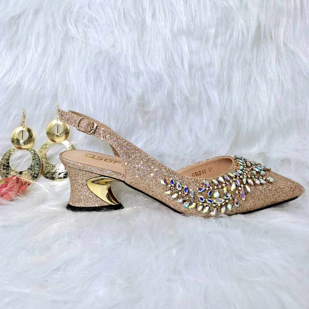 QSGFC 2022 Popular Pointed Mid-Heeled Shoes With Bags, Banquet Gold Color Shoes And Bags, And Friends Party Shoes With Bags