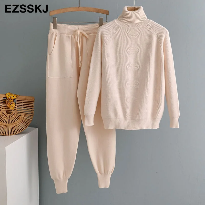 2 Pieces Set Women Knitted Tracksuit Turtleneck Sweater + Harem pants  Pullover Sweater Set CHIC Knitted Outwear sweater suit