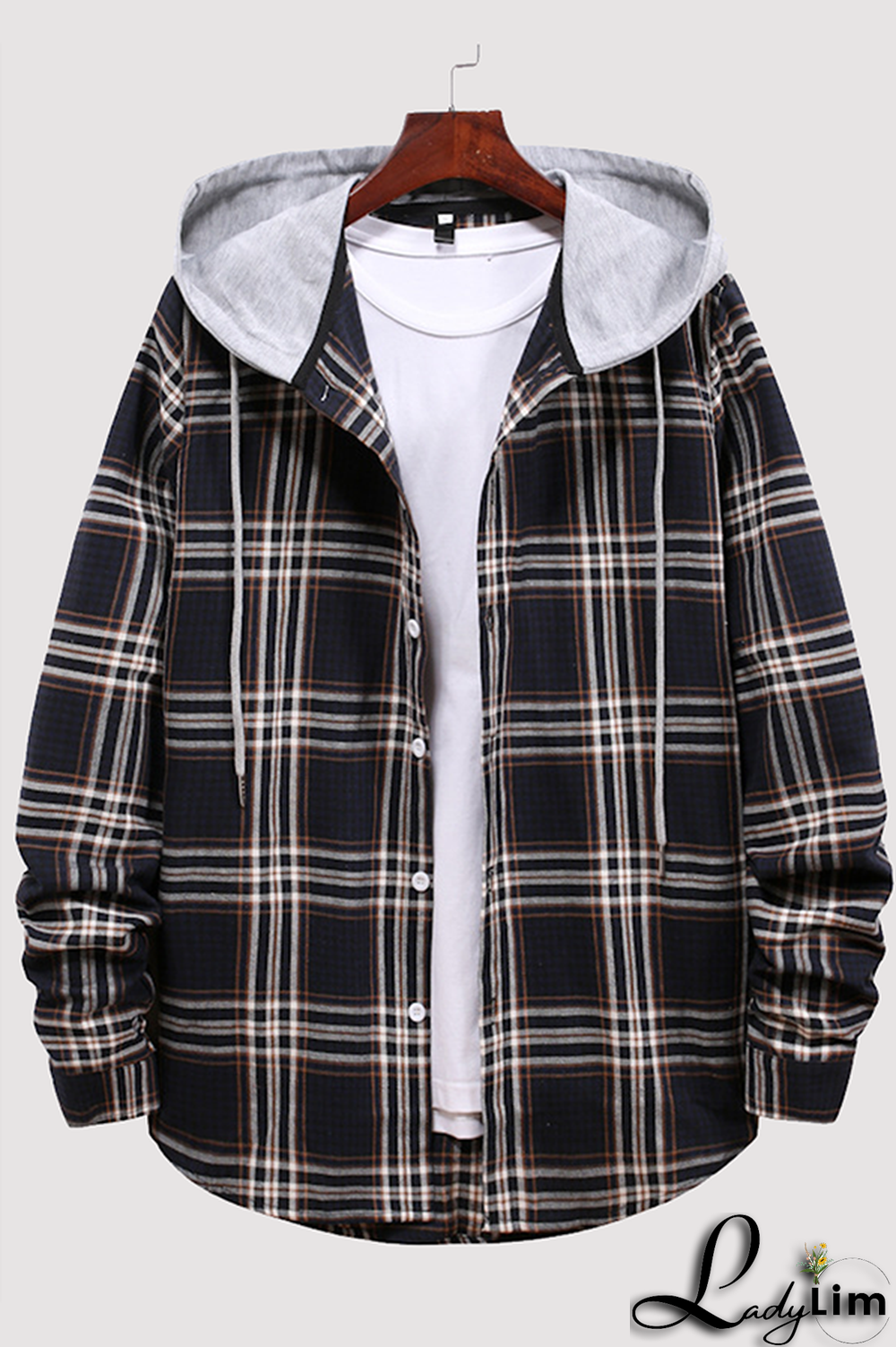 Black Fashion Casual Plaid Make Old Buckle Hooded Collar Outerwear