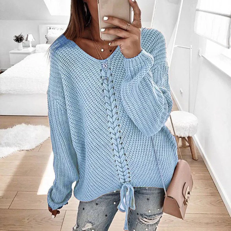 Wongn Wongn New Women Long Sleeves Loose V Neck Rope Exposed Back Jumper Knit Sweater Women's Clothing