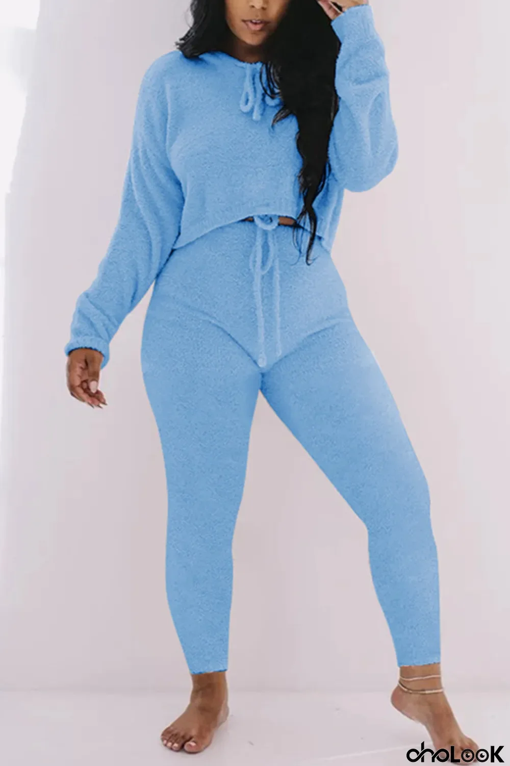 Blue Casual Living Solid Basic O Neck Long Sleeve Two Pieces