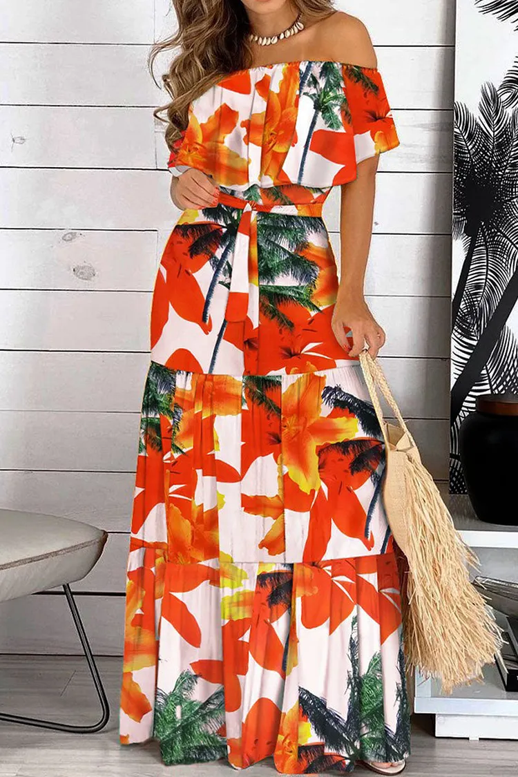 Elegant Print Patchwork Off the Shoulder Straight Dresses(4 Colors)