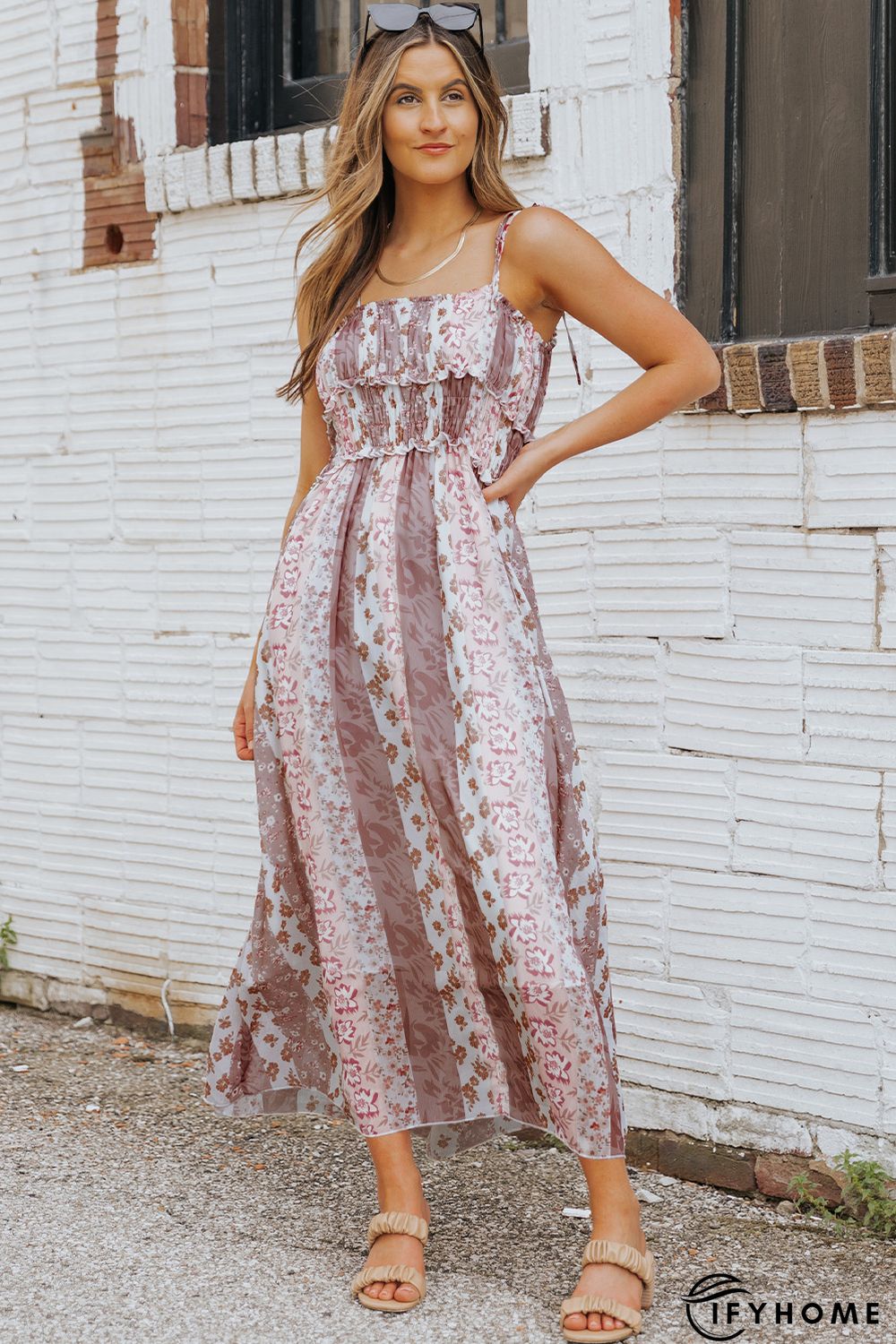 Multicolor Floral Print Frill Trim Smocked Spaghetti Strap Maxi Dress | IFYHOME