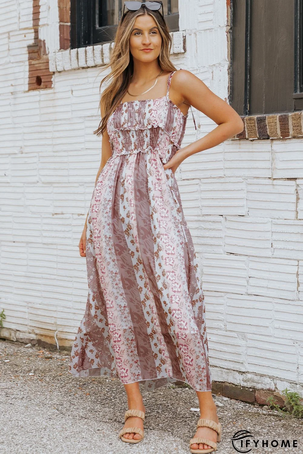 Multicolor Floral Print Frill Trim Smocked Spaghetti Strap Maxi Dress | IFYHOME