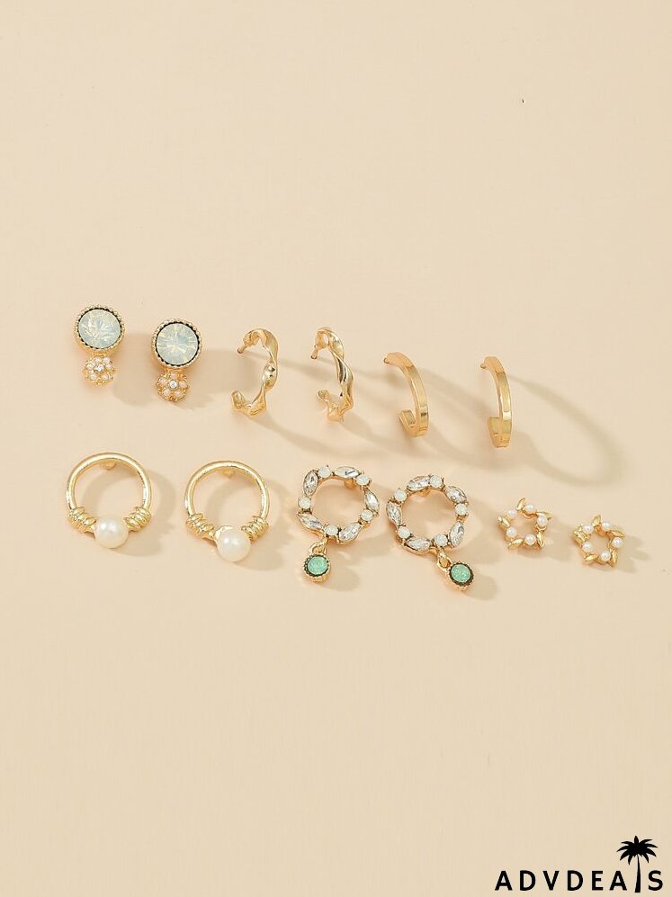 6pairs Rhinestone Decor Earrings