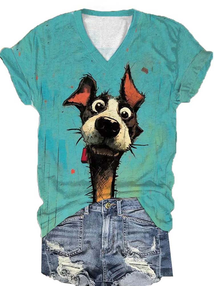 Comstylish Women's Fun Dog Print V-Neck T-Shirt