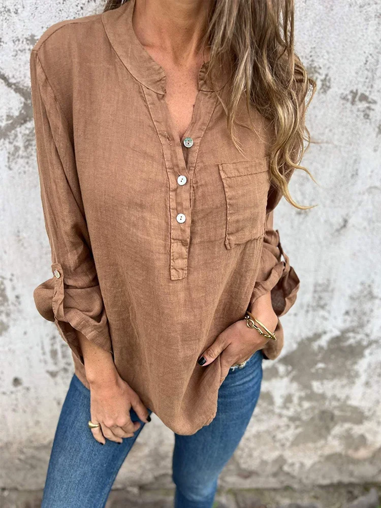 Solid Cotton Linen Women Long Sleeve Shirt 