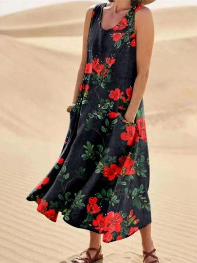 Women Half Sleeve V-neck Solid Color Dress