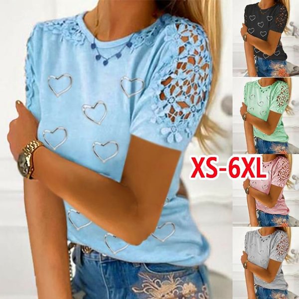 Womens Fashion Clothing Spring Summer Tops for Women Casual Short Sleeved Lace Hollow Out T-shirt Printed Shirt Ladies Cotton Plus Size Loose Blouses - Shop Trendy Women's Clothing | LoverChic
