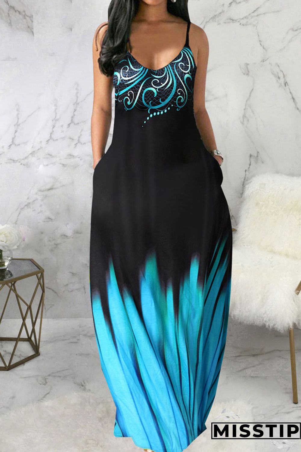 Blue Black Casual Print Patchwork Spaghetti Strap Sling Dress Dresses