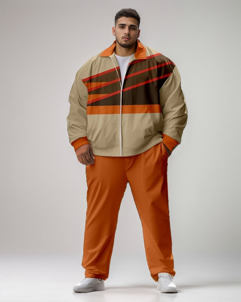 Plus Size Men's Casual Fashion Khachi Stitching Geometric Zipper Lapel Long Sleeve Trousers Suit