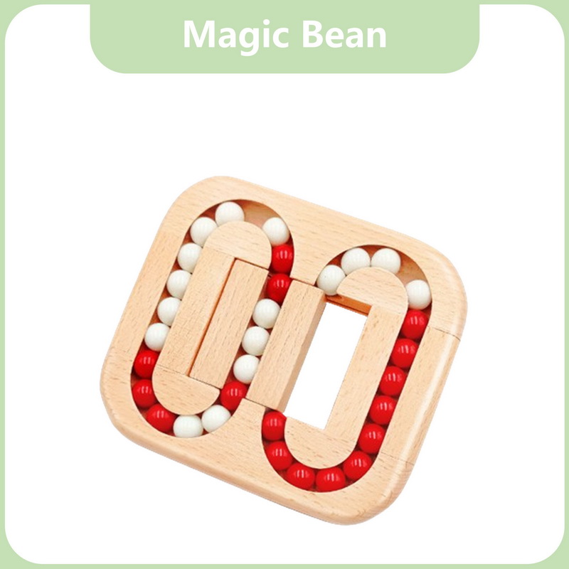 Red and white acrylic beads, beech wood magic bean finger puzzle toy.