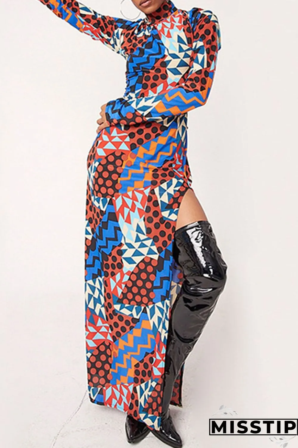Colour Sexy Print Patchwork Slit Half A Turtleneck Long Sleeve Dresses