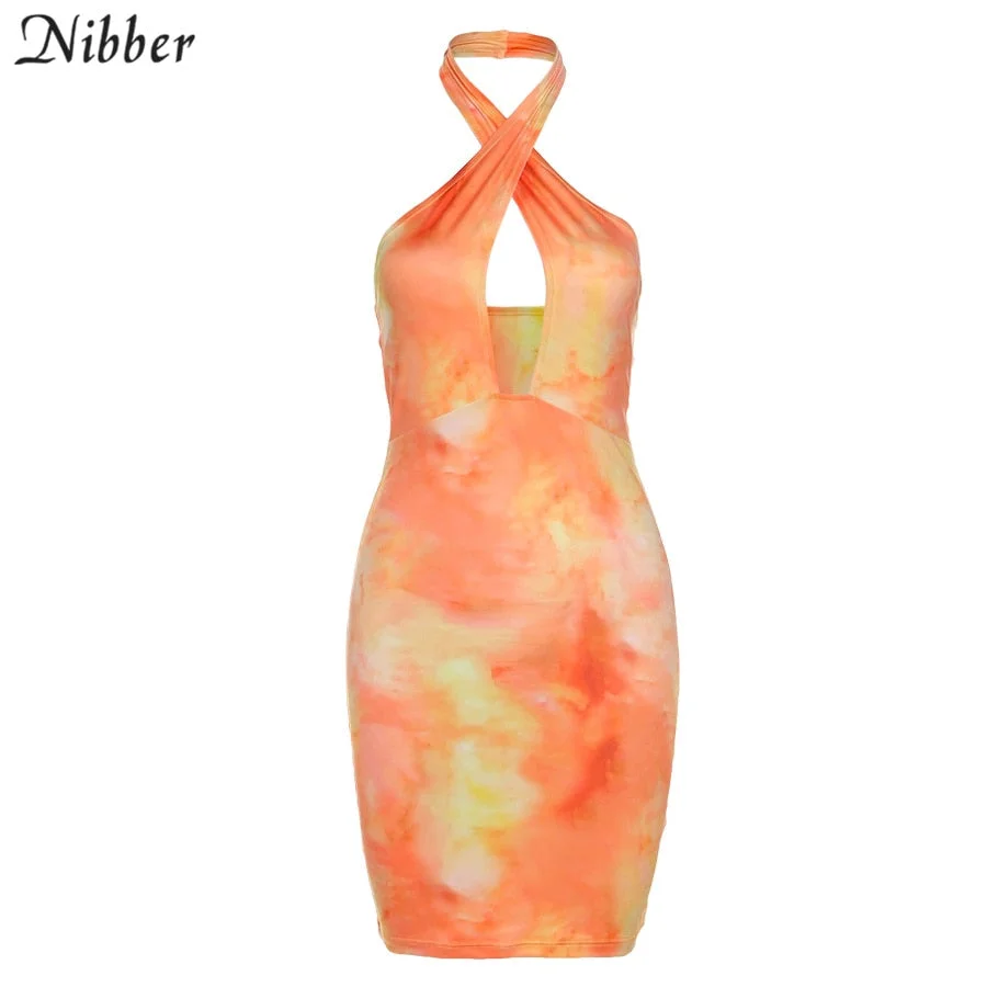 Nibber Neck-mounted Dye Criss Cross Halter Dresses For Women Sexy Backless 2021 Summer  Streetwear Skinny Slim Party Mini Dress
