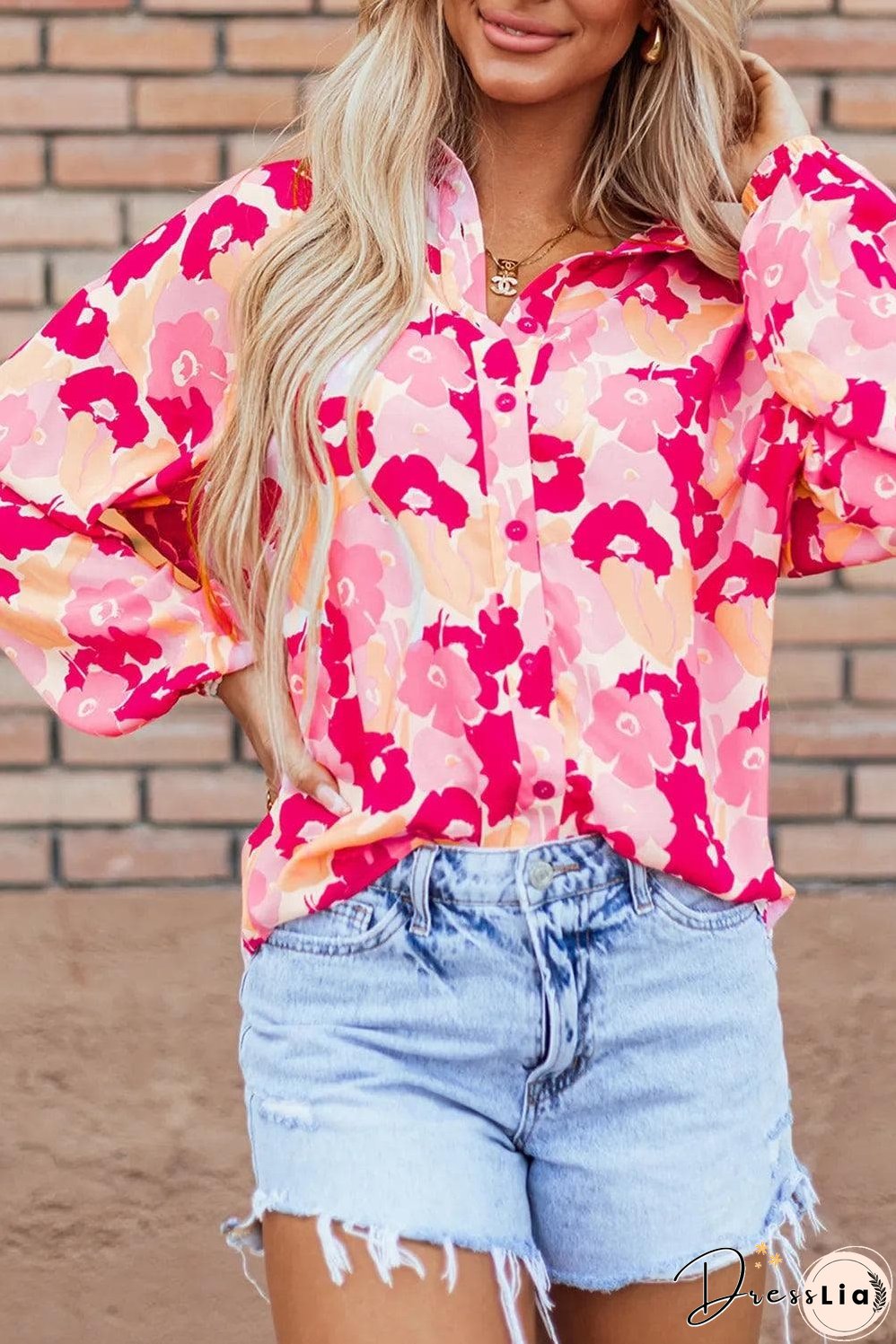 Pink Blooming Floral Print Puff Sleeve Buttoned Shirt