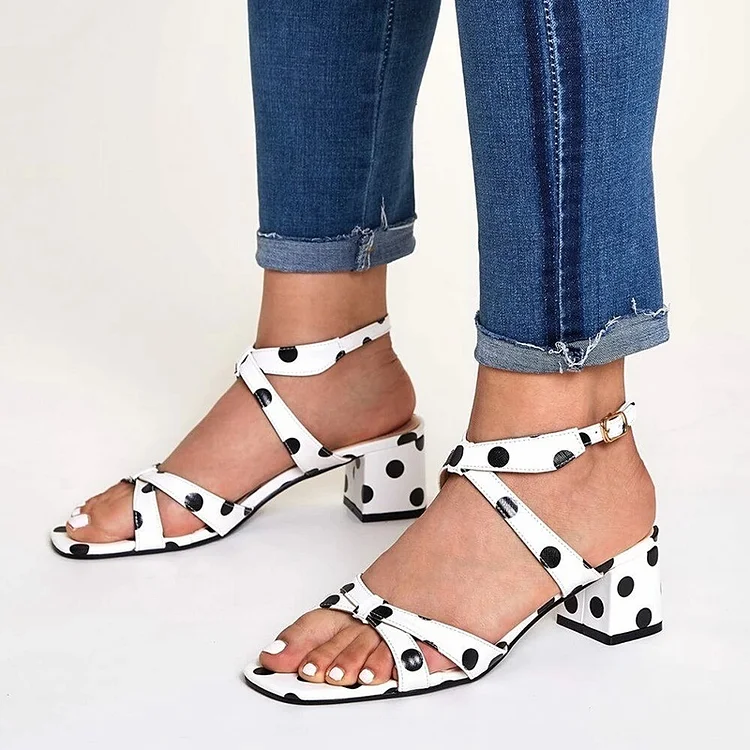 White Polka Dots Block Heel Sandals |FSJ Shoes