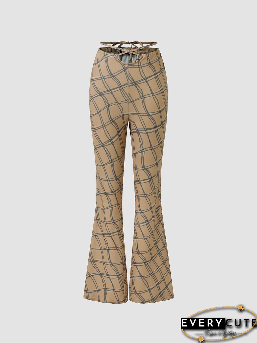 Check Print Tie Waist Hollow Bootcut Leg Pants
