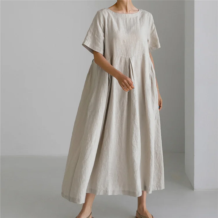 Loose Cotton Linen Short Sleeve Maxi Dress