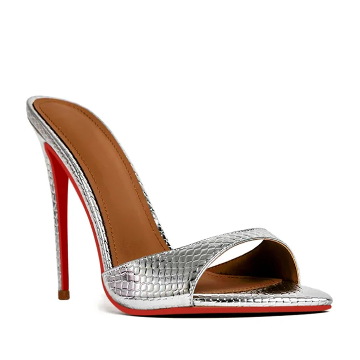 85mm Women's Sandals Pointed Toe Snakeskin Mules Heels Slip on Red Bottom Stilettos VOCOSI VOCOSI