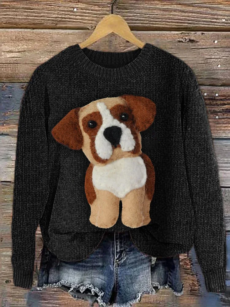 VChics Friendly Boxer dog Felt Art Cozy Soft Knit Sweater